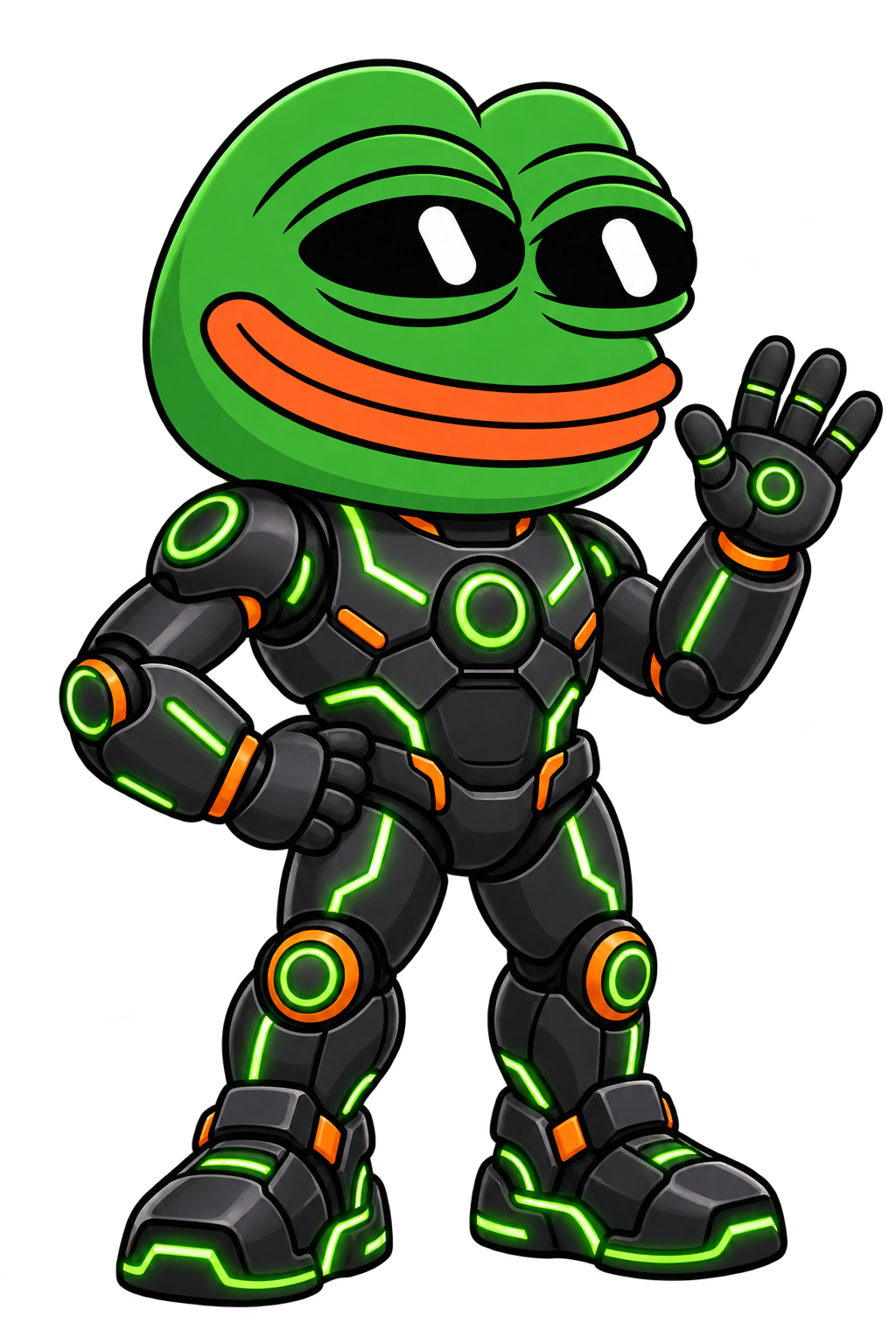 PepeGrok, a full-body green frog robot in neon-accented armor, waving